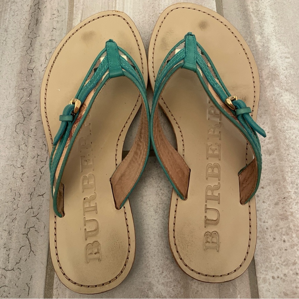 Burberry Teal Nova Check Thong Sandals With Buckle Size 36 - Picture 9 of 12